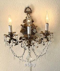 Antique Spanish Bronze Brass Ornate 3 Arm Wall Sconce w Crystal Prisms Wall Lamp
