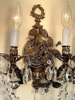 Antique Spanish Bronze Brass Ornate 3 Arm Wall Sconce w Crystal Prisms Wall Lamp