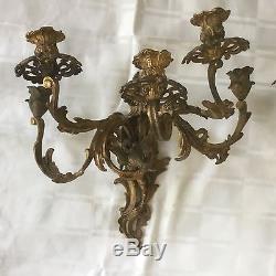 Antique Stately Pair French Rococo Figural Bronze Bird Wall Sconce Sconces