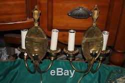 Antique Victorian Empire Double Handle Wall Sconce Light Fixtures-Pair-Brass