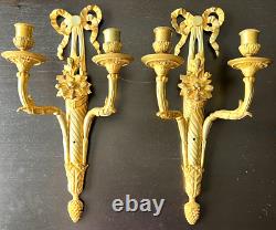 Antique Victorian French Double Arm Gilt Bronze Wall Sconce Candle Holders Pair