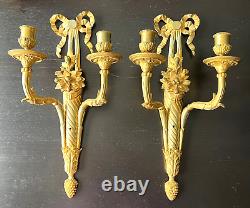 Antique Victorian French Double Arm Gilt Bronze Wall Sconce Candle Holders Pair