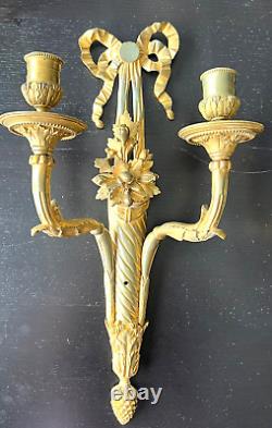 Antique Victorian French Double Arm Gilt Bronze Wall Sconce Candle Holders Pair