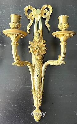 Antique Victorian French Double Arm Gilt Bronze Wall Sconce Candle Holders Pair