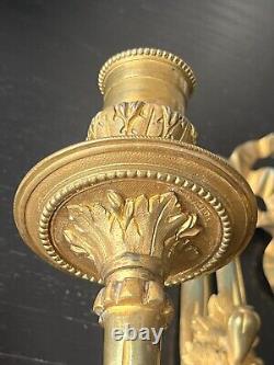 Antique Victorian French Double Arm Gilt Bronze Wall Sconce Candle Holders Pair