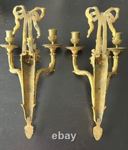 Antique Victorian French Double Arm Gilt Bronze Wall Sconce Candle Holders Pair