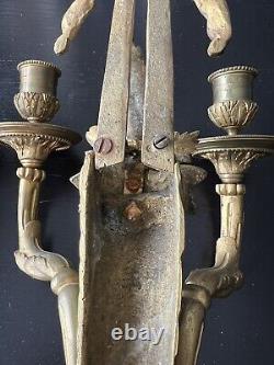 Antique Victorian French Double Arm Gilt Bronze Wall Sconce Candle Holders Pair