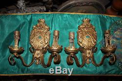 Antique Victorian Wall Sconce Metal Light Fixtures-Pair-Gold-Crown Crest
