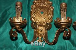 Antique Victorian Wall Sconce Metal Light Fixtures-Pair-Gold-Crown Crest