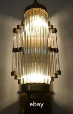 Antique Vintage Art Deco Brass & Glass Rod Ship Light Fixture Wall Sconces Lamp