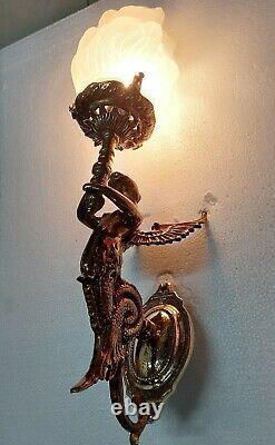 Antique Vintage Art Deco Nouveau Brass Mermaid Wall Sconces Fixture Light Lamp