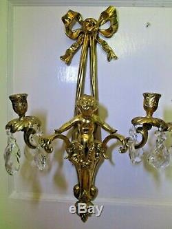 Antique/Vintage Brass Cherubs Candle Wall Sconces W Glass Prisms Pair 21 Tall