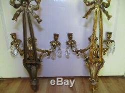 Antique/Vintage Brass Cherubs Candle Wall Sconces W Glass Prisms Pair 21 Tall