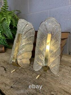 Antique Vintage Carl Fagerlund Orrefors Leaf Sconce Wall Light PAIR Glass Brass