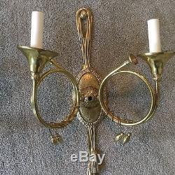 Antique Vintage French Empire Hunt Horn Pair Brass Wall Sconces Sconce