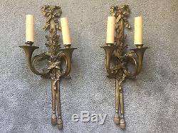 Antique Vintage French Empire Hunt Horn Pair Bronze Brass Wall Sconces Sconce