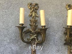 Antique Vintage French Empire Hunt Horn Pair Bronze Brass Wall Sconces Sconce