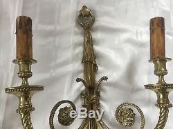 Antique Vintage French Empire Neoclassical Pair Bronze Brass Wall Sconces 28