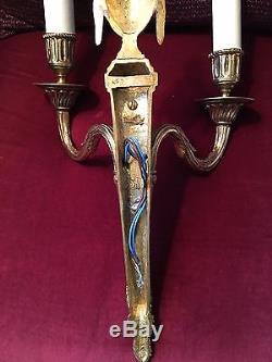 Antique Vintage French Empire Neoclassical Pair Bronze Brass Wall Sconces Wired