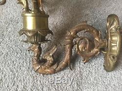 Antique Vintage Pair Brass French Figural Wall Sconces Lamps 4 light Serpants