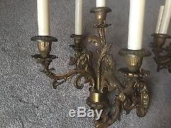 Antique Vintage Pair Brass French Figural Wall Sconces Lamps 4 light Serpants