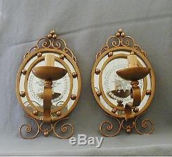 Antique Vintage Pair Colonial Etched Glass Mirror Back Wall Sconces Iron