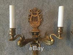 Antique Vintage Pair French Directoire Bronze Brass Swan Figural Wall Sconces
