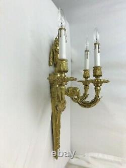 Antique Vtg Brass 3 Arm Wall Sconce Art Deco Nouveau Lamp Candles Woman's Face