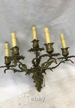 Antique Vtg Brass 5 Arm Wall Sconce Art Deco Nouveau Victorian Candles, Ornate