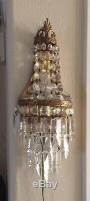 Antique Vtg Brass Petite Chandelier Sconce Wall Lamp French Crystals