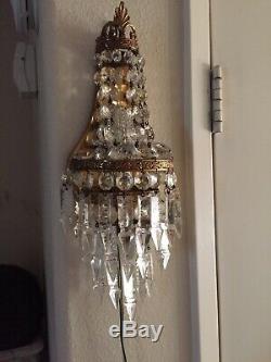 Antique Vtg Brass Petite Chandelier Sconce Wall Lamp French Crystals