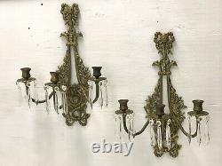 Antique Vtg French Louis XVI Style Crystal Candle Wall Sconces Pair Ornate Birds