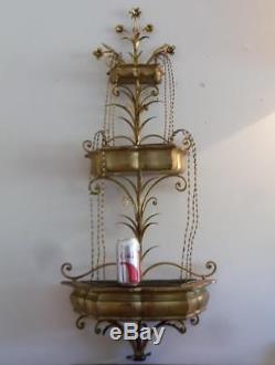 Antique Vtg Italian Gold Gilt Metal Tole Flower Wood Wall Pocket Sconce Planter