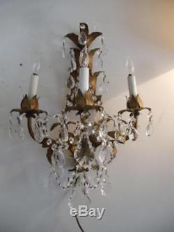 Antique Vtg Italian Gold Tole French Czech Crystals Chandelier Sconce Wall Lamp