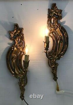 Antique Vtg Victorian French Empire Candle Wall Sconce Pair Ornate Gold Electric