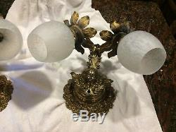 Antique Wall Sconce Pair Neo-Classical Brass Winged Putti Electric 2 Arm Light