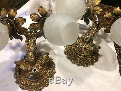 Antique Wall Sconce Pair Neo-Classical Brass Winged Putti Electric 2 Arm Light