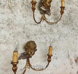 Antique Wall Sconces Gold French Cherub Wooden Bust Lights