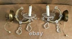 Antique Wall Sconces pair electric crystal gold tone hollywood regency two lamp