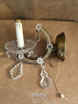 Antique Wall Sconces pair electric crystal gold tone hollywood regency two lamp