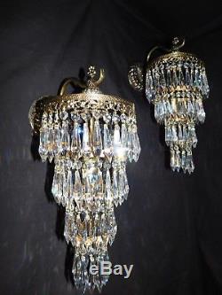 Antique brass crystal pair Empire wall sconces 1 light each wedding cake