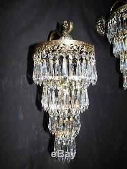 Antique brass crystal pair Empire wall sconces 1 light each wedding cake