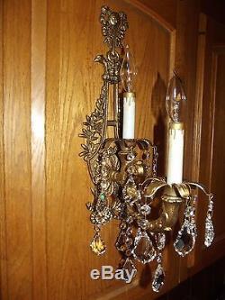 Antique brass crystal pair wall sconces 4 lights, original crystals
