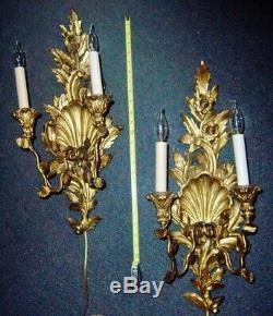 Antique carved Gilt wood Wall candle sconces, flowers and shells electrified but