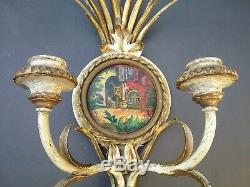 Antique florentine tole wall sconce oil painting cream white gold wood wheat