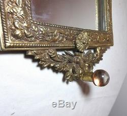 Antique ornate figural gilt brass wall mount mirror glass hanger hook sconce