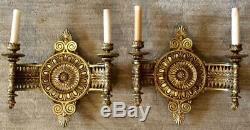 Antique pair set 2 HEAVY brass Wall Sconces Lamps lights sheraton french empire
