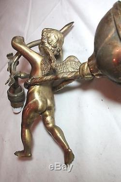 Antique solid brass figural child cherub putti electric wall sconce fixture