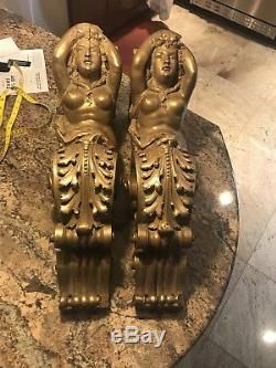 Antique vintage Pair of Carved Wood Mermaid Wall Sconces Brackets gold gilt