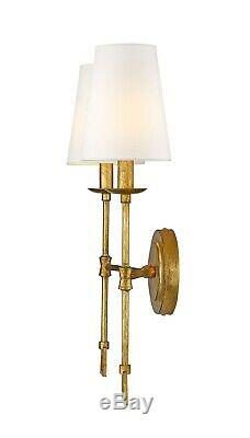 Antiqued Distressed Gold 2-Light Sconce 20 H White Fabric Shades Wall Fixture